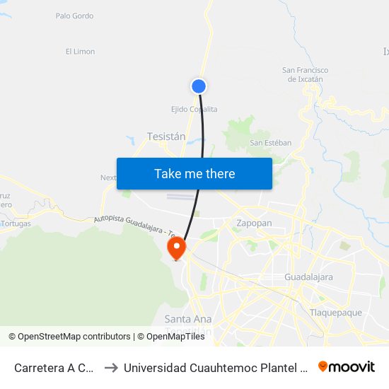 Carretera A Colotlán to Universidad Cuauhtemoc Plantel Guadalajara map