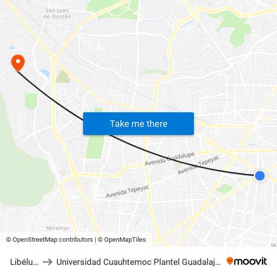 Libélula to Universidad Cuauhtemoc Plantel Guadalajara map