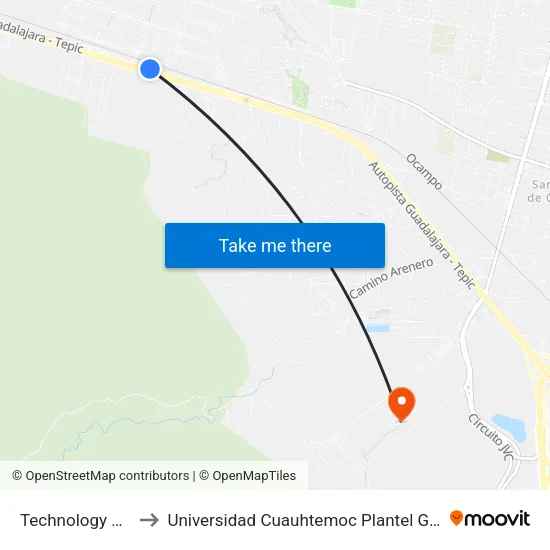 Technology Park 1 to Universidad Cuauhtemoc Plantel Guadalajara map