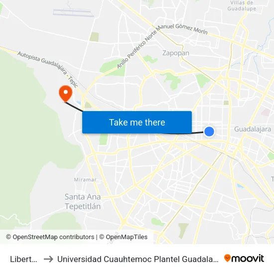 Libertad to Universidad Cuauhtemoc Plantel Guadalajara map