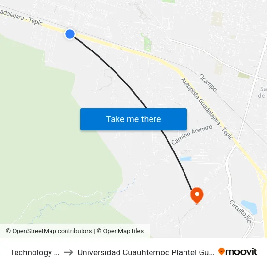 Technology Park to Universidad Cuauhtemoc Plantel Guadalajara map