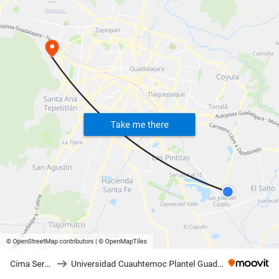 Cima Serena to Universidad Cuauhtemoc Plantel Guadalajara map