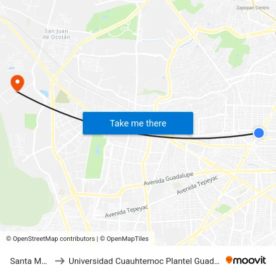 Santa María to Universidad Cuauhtemoc Plantel Guadalajara map