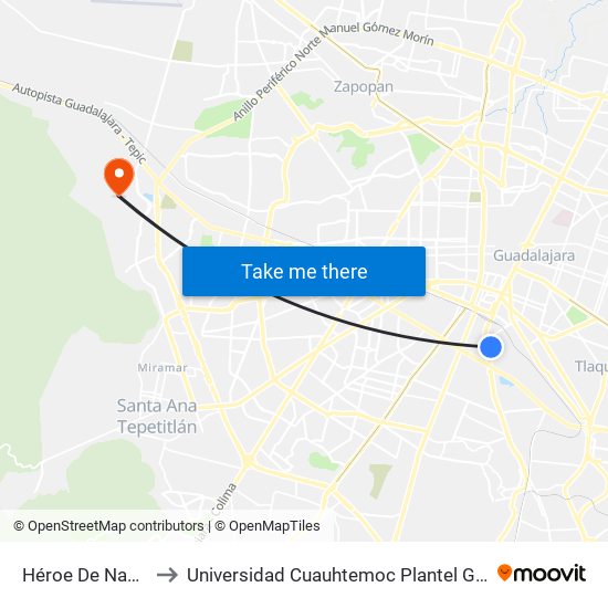 Héroe De Nacozari to Universidad Cuauhtemoc Plantel Guadalajara map