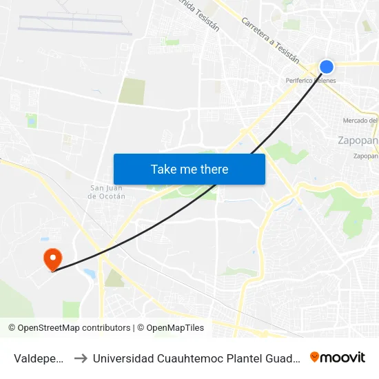 Valdepeñas to Universidad Cuauhtemoc Plantel Guadalajara map