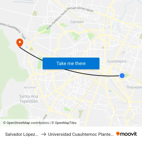 Salvador López Chávez to Universidad Cuauhtemoc Plantel Guadalajara map