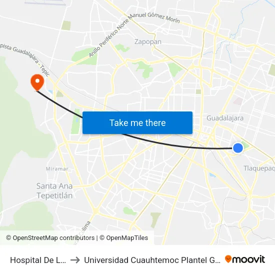 Hospital De La Luz to Universidad Cuauhtemoc Plantel Guadalajara map