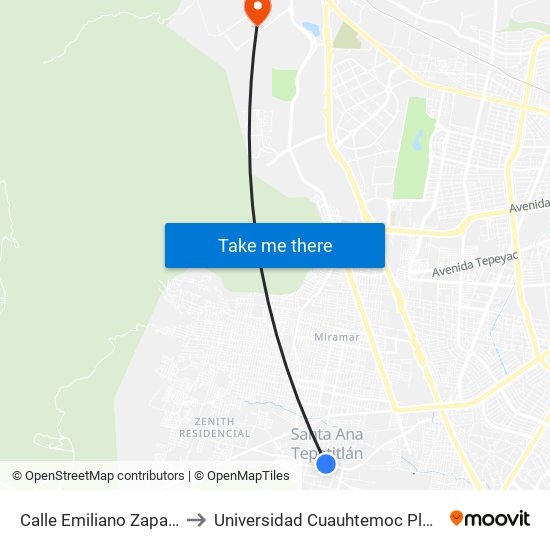 Calle Emiliano Zapata / Hidalgo to Universidad Cuauhtemoc Plantel Guadalajara map