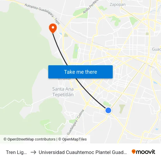 Tren Ligero to Universidad Cuauhtemoc Plantel Guadalajara map