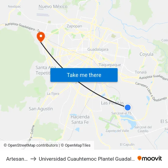 Artesanos to Universidad Cuauhtemoc Plantel Guadalajara map
