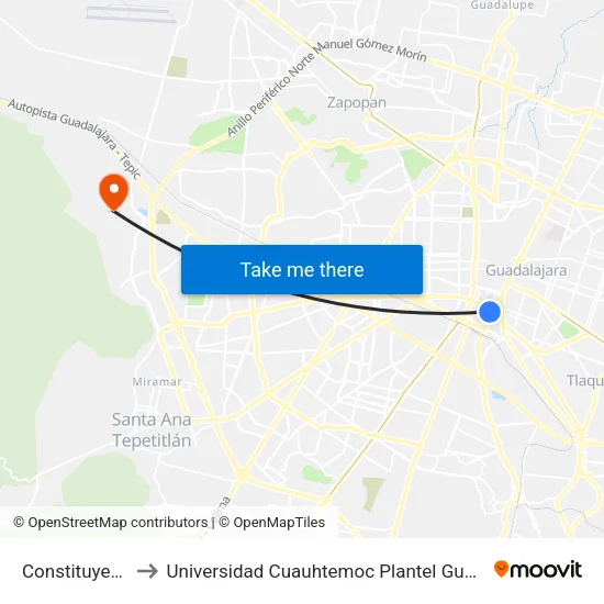 Constituyentes to Universidad Cuauhtemoc Plantel Guadalajara map