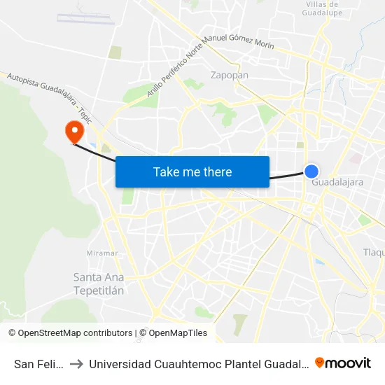 San Felipe to Universidad Cuauhtemoc Plantel Guadalajara map