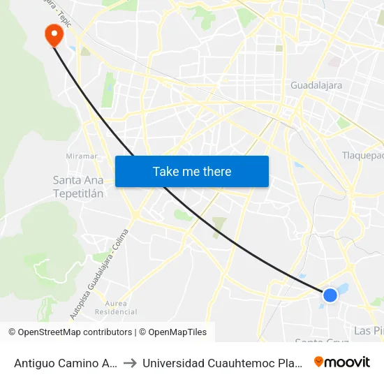 Antiguo Camino A Toluquilla to Universidad Cuauhtemoc Plantel Guadalajara map