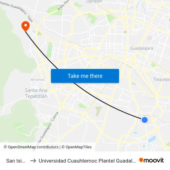 San Isidro to Universidad Cuauhtemoc Plantel Guadalajara map