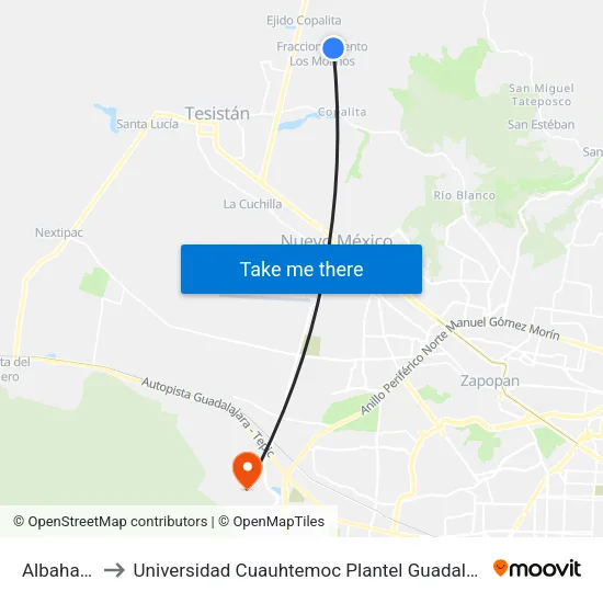 Albahaca to Universidad Cuauhtemoc Plantel Guadalajara map