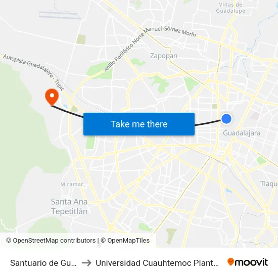 Santuario de Guadalupe to Universidad Cuauhtemoc Plantel Guadalajara map