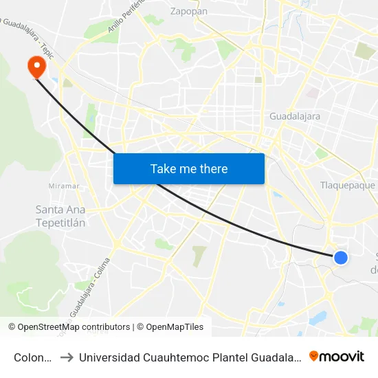 Colonos to Universidad Cuauhtemoc Plantel Guadalajara map