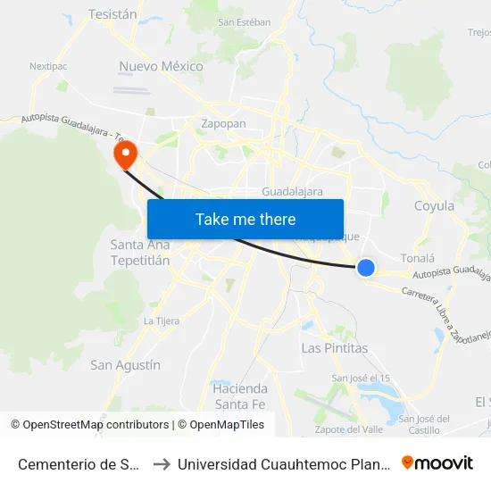 Cementerio de San Pedrito to Universidad Cuauhtemoc Plantel Guadalajara map