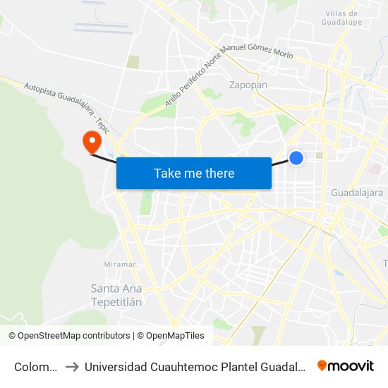 Colomos to Universidad Cuauhtemoc Plantel Guadalajara map