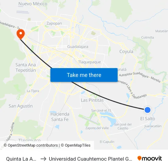 Quinta La Aurora to Universidad Cuauhtemoc Plantel Guadalajara map
