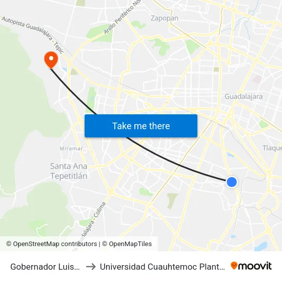 Gobernador Luis G. Curiel to Universidad Cuauhtemoc Plantel Guadalajara map