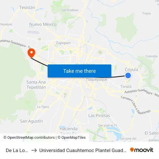 De La Loma to Universidad Cuauhtemoc Plantel Guadalajara map