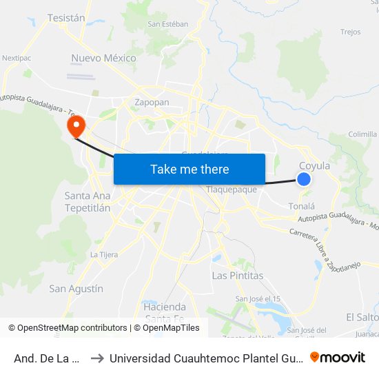 And. De La Noria to Universidad Cuauhtemoc Plantel Guadalajara map