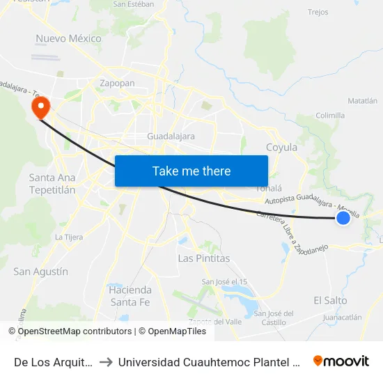 De Los Arquitectos to Universidad Cuauhtemoc Plantel Guadalajara map