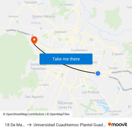 18 De Marzo to Universidad Cuauhtemoc Plantel Guadalajara map