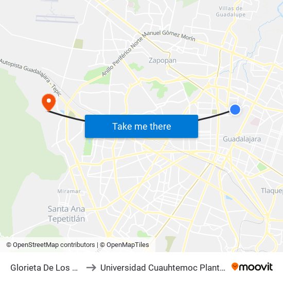 Glorieta de los Maestros to Universidad Cuauhtemoc Plantel Guadalajara map