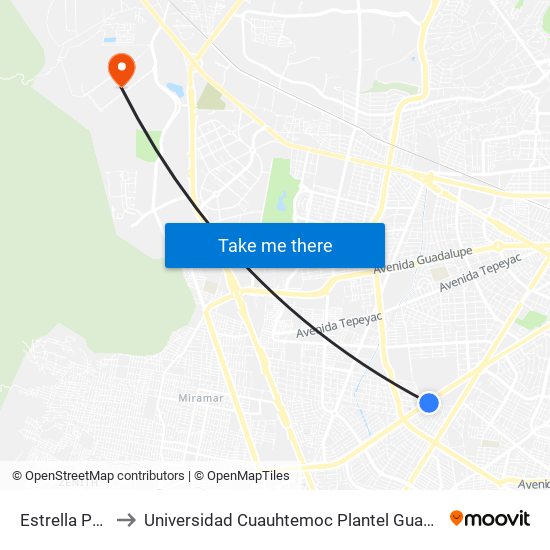 Estrella Polar to Universidad Cuauhtemoc Plantel Guadalajara map