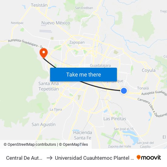 Central de Autobuses to Universidad Cuauhtemoc Plantel Guadalajara map
