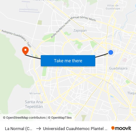 La Normal (CETRAM) to Universidad Cuauhtemoc Plantel Guadalajara map