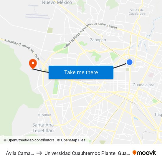 Ávila Camacho to Universidad Cuauhtemoc Plantel Guadalajara map