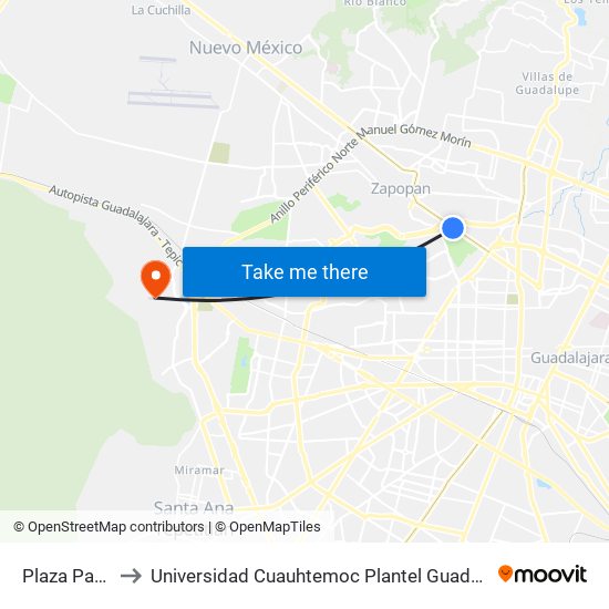 Plaza Patria to Universidad Cuauhtemoc Plantel Guadalajara map