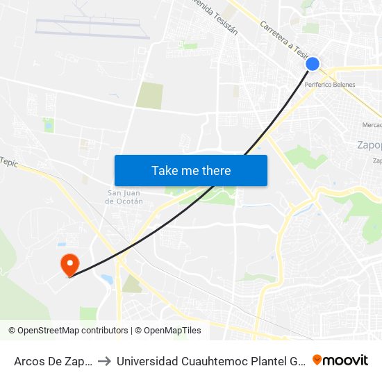 Arcos de Zapopan to Universidad Cuauhtemoc Plantel Guadalajara map