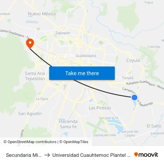 Secundaria Mixta 68 to Universidad Cuauhtemoc Plantel Guadalajara map