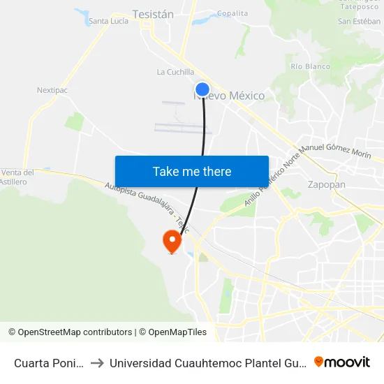 Cuarta Poniente to Universidad Cuauhtemoc Plantel Guadalajara map