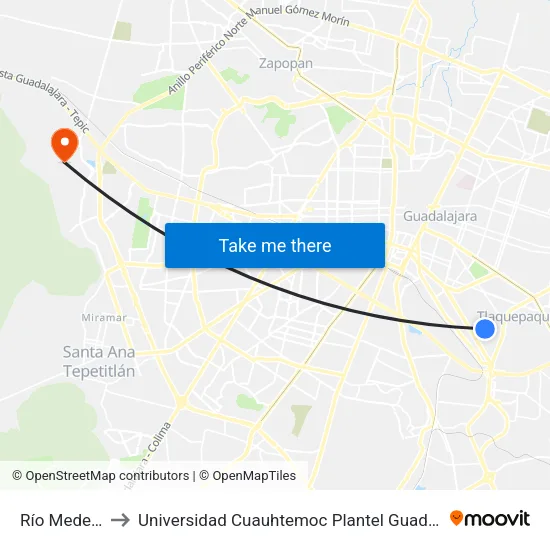 Río Medellín to Universidad Cuauhtemoc Plantel Guadalajara map