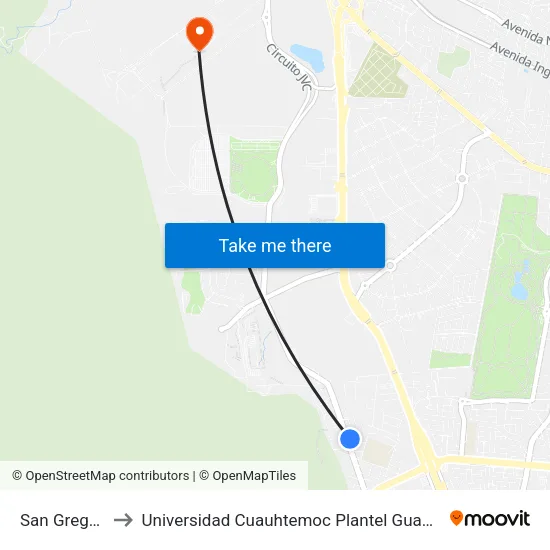 San Gregorio to Universidad Cuauhtemoc Plantel Guadalajara map