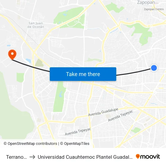 Terranova to Universidad Cuauhtemoc Plantel Guadalajara map
