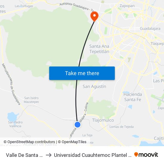 Valle De Santa Cruz, 6 to Universidad Cuauhtemoc Plantel Guadalajara map