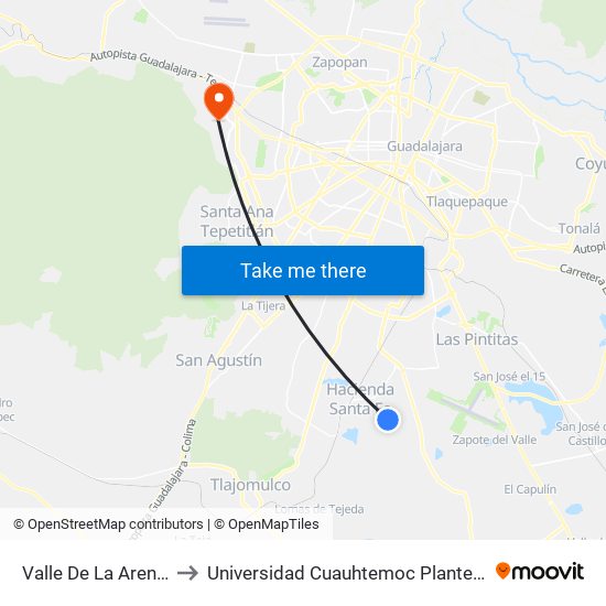 Valle De La Arena Norte to Universidad Cuauhtemoc Plantel Guadalajara map