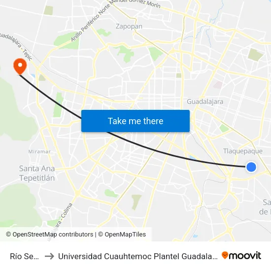 Río Seco to Universidad Cuauhtemoc Plantel Guadalajara map