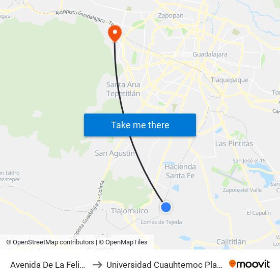 Avenida De La Felicidad, 4000 to Universidad Cuauhtemoc Plantel Guadalajara map