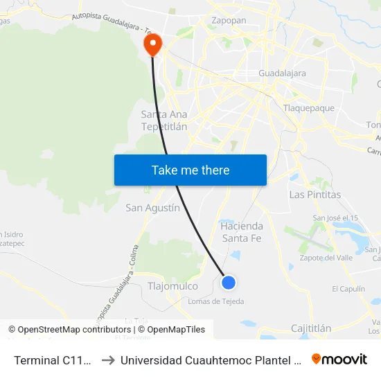 Terminal C114 (1-A) to Universidad Cuauhtemoc Plantel Guadalajara map