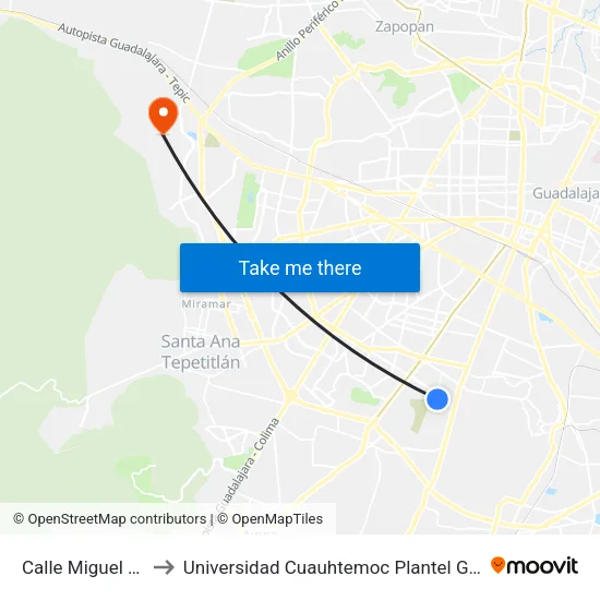 Calle Miguel Bravo to Universidad Cuauhtemoc Plantel Guadalajara map