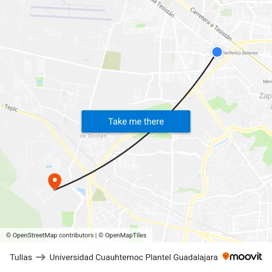 Tullas to Universidad Cuauhtemoc Plantel Guadalajara map