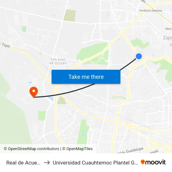 Real de Acueducto to Universidad Cuauhtemoc Plantel Guadalajara map