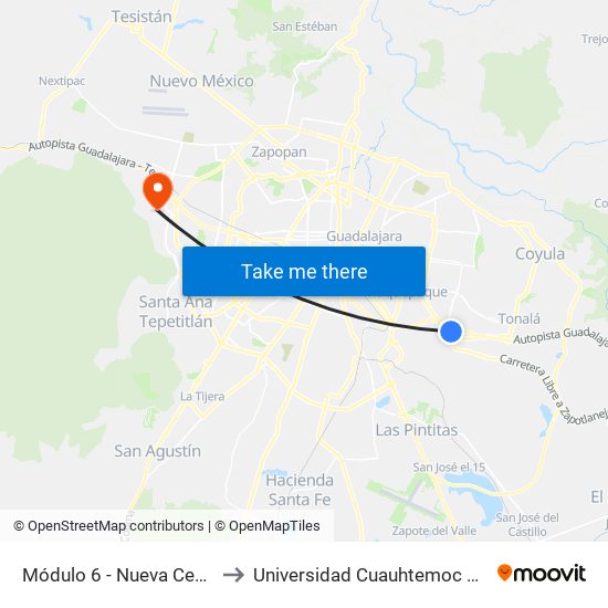 Módulo 6 - Nueva Central Camionera to Universidad Cuauhtemoc Plantel Guadalajara map